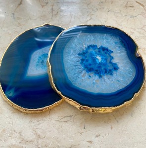 Posavasos de Ágata Natural Azul, Hechos a Mano, Galvanizados en Oro, Calidad Premium, Decoración Portátil para el Hogar, Mascota, Compra al por Mayor - Product Image 6