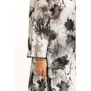 Ensemble d'été décontracté 3 pièces gris cendré imprimé pour femme, respirant, col montant, manches longues, coupe ample, en tissu tissé - Product Image 3