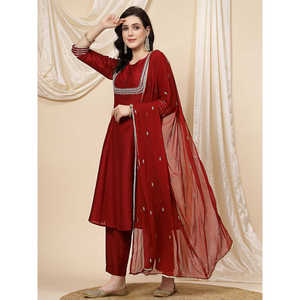 Kurta Anarkali Bordada con Lentejuelas Color Granate para Mujer, con Pantalón de Algodón y Dupatta, Traje Salwar de Estilo Étnico Indio, Material Pesado - Product Image 3