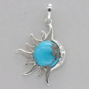 Pendentif rond bleu turquoise soleil et lune en argent sterling fait à la main bijoux en pierres précieuses mexicaines cadeau - Product Image 1