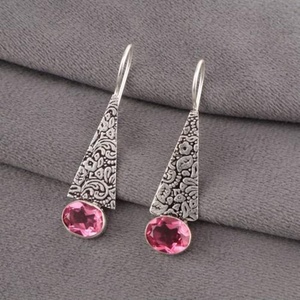 Boucles d'oreilles artisanales en argent sterling avec tourmaline rose, pierre de naissance d'octobre, cadeau pour femme, idéales pour les occasions festives - Product Image 5