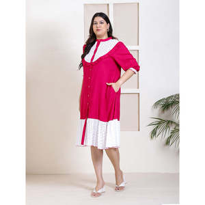 Deebaco Women's Plus Size Magenta <b>Shirt</b> Dress With <b>White</b> Dot Ruffle Collar And Hem Knee-Length Casual Style Western Dress - Product Image 3