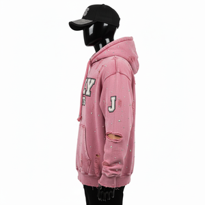 Sweat-shirt rose en molleton de coton doux et épais 380 GSM avec texture déchirée, strass et broderie, logo personnalisé, sweat-shirt basique - Product Image 3