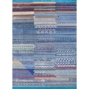 Tapis en laine et soie de bambou noué à la main à motif géométrique bleu Freedom Manchaha pour la décoration de la maison et du salon - Les-8195 - Product Image 1