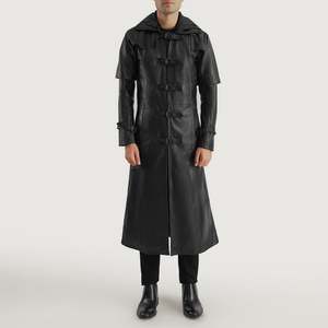 Abrigo de Cuero con Capucha Huntsman Negro, Estilo Elegante de Gabardina - Product Image 3