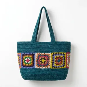 Bohemian <b>Crochet</b> raffia Tote Bag With Geometric Embroidery Pattern Large Capacity Women's Casual <b>Handbag</b> - Product Image 4