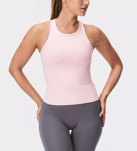 Camiseta sin Mangas Ajustada de Canalé Rosa para Mujer, Tejida, Ligera, Suave al Tacto, Elástica en Cuatro Direcciones, Transpirable, de Secado Rápido, para Yoga, Gimnasio y Uso Diario - Product Image 1