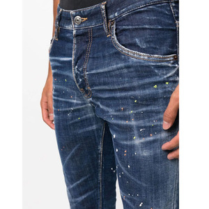 Bleu Skinny Paint Jeans Hommes Vintage Distressed Ripped Denim Pantalon High Street Stacked Zip Fly Jeans pour hommes - Product Image 4