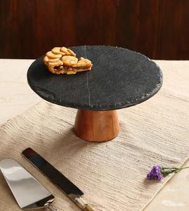 Support à gâteau rond en marbre noir avec piédestal en bois, base naturelle, présentoir à desserts pour la restauration, la vaisselle de restaurant - Product Image 2