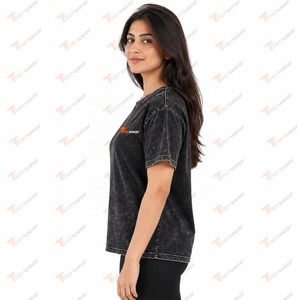 T-shirt décontracté pour femme Tiierwear en coton noir délavé, col rond, manches courtes, coupe ample, avec logo imprimé, toutes saisons, en tissu jersey - Product Image 4