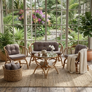 New Modern Minimalist Nemmy Natural Rattan Living Set 2 Armchairs 2 Seater <b>Sofa</b> Glass Top Coffee Table Patio Furniture <b>Suite</b> - Product Image 3