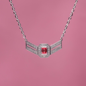 Collar con Colgante de Barra Geométrica de Esmeralda Rosa, Corte Brillante, Diamante Cultivado en Laboratorio con Certificación IGI, Rodio, Plata Sólida 925, para Boda - Product Image 1