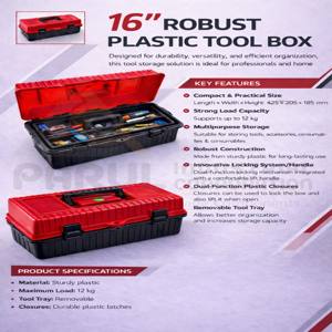 Boîte à outils en plastique rigide personnalisable de haute qualité de 16 pouces, légère, multifonctionnelle, portable avec plateau, robuste, tendances de vente en gros - Product Image 1