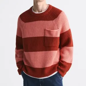 2023 Custom Winter Men Wool Sweater Pullover Crew Neck Raglan Sleeve Contrast Striped Front Pockets Loose Knit Sweater Men