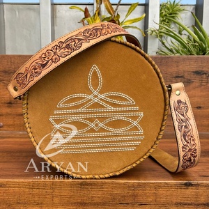 Custom Factory Hand Tooled Suede Leather Round Crossbody Bag for Women's High Quality Boot Stitch Genuine Leather Shoulder Bags - Product Image 1