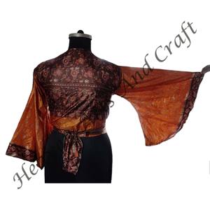 Top de corbata de seda para mujer, hecho a mano, bohemio, Hippie, corbata frontal, Top de verano, manga acampanada, talla libre, manga acampanada, ropa de fiesta informal - Product Image 4