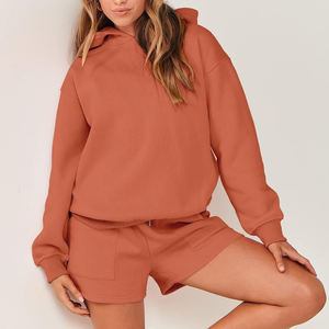 Vente en gros 100% coton 2 pcs sweat à capuche & ensemble court pour femmes poids lourd 500GSM personnalisé DTF logo imprimé ensemble de jogging pour femmes - Product Image 2