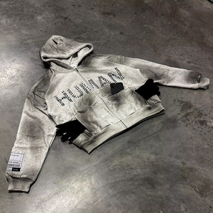 New <b>Rhinestone</b> Zipper up Hoodie Cropped Long Sleeve Spay Zip up Hoodies for Men Women Washed Hoodie <b>Jacket</b> 2025 - Product Image 1