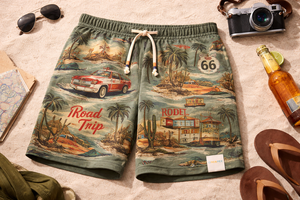 กางเกงชายหาดผู้ชายแบบสั่งทำพิเศษ – กางเกงขาสั้นลำลองพิมพ์ลายวินเทจเอวยางยืดพร้อมเชือกผูก (สีเขียวมะกอก) - Product Image 2