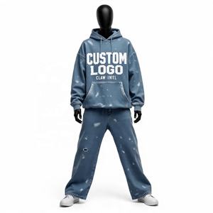 Chándal personalizado de fabricante, ropa de calle con diamantes de imitación, chándal de gran tamaño, holgado, recortado, lavado ácido, pantalones de chándal acampanados y conjunto de Sudadera con capucha - Product Image 3