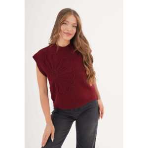 Pull en tricot bordeaux pour femmes avec motif marguerite en gros - Product Image 3