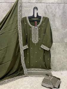 El último diseñador de ropa de fiesta, traje bordado de Chinon puro, ropa tradicional india, bordado de Chinon, parte superior e inferior con Dupatta - Product Image 2