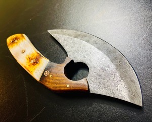 Chef de cuisine professionnel Ulu couteau à découper les légumes Logo personnalisé imprimé lame en acier damas incurvée couteaux à manche en bois - Product Image 2