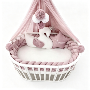 Protector de cuna trenzado rosa polvo personalizado, Peluche de cisne con corona, Almohada de estrella personalizada para bebé, Set de peluches para habitación de bebé niña - Product Image 4