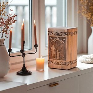 Urne de crémation en bois pour cendres humaines, urne commémorative de pêcheur artisanale pour urne funéraire de cendres avec conception de scène de pêche - Product Image 1