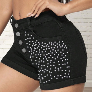 Nuevos diseños Pantalones cortos de mezclilla de talla grande con cuentas Pantalones cortos de mezclilla de secado rápido lavables de algodón originales Pantalones cortos de mezclilla de color sólido con estilo - Product Image 4