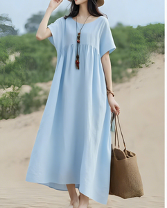 Vestido Largo Holgado <span class=keywords><strong>de</strong></span> Manga Corta para Mujer, Estilo Playero, Vestido Informal con Pliegues en la Cintura, Vestido para Chica para <span class=keywords><strong>Vacaciones</strong></span> - Product Image 4