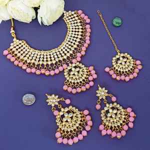 Conjunto de joyería tradicional india para mujer, gargantilla de cristal Kundan con cadena de cabeza Mangtikka chapada en oro PERLA para bodas - Product Image 2