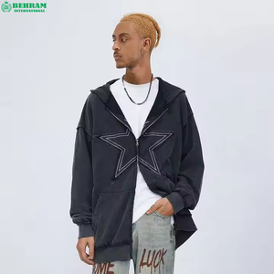 Sweat à capuche unisexe en molleton bouclette de coton, coupe classique, grammage lourd, avec fermeture éclair personnalisée, effet délavé à l'acide et broderie vieillie - Product Image 2