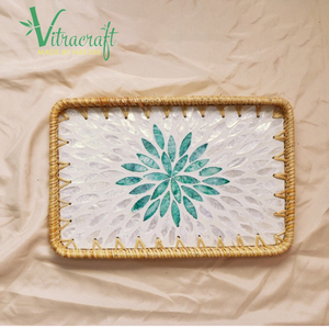 Bandeja de ratán de producto único con incrustaciones de nácar Bandeja de ratán con mango rectangular Ayuda a mostrar los productos más hermosos - Product Image 3