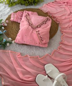 LOOK RICH GEORGETTE TRAVAIL MANUEL ANARKALI ROBE BAS AVEC DUPATTA FORMAL WEAR PRIX DE GROS VÊTEMENT ETHNIQUE - Product Image 4