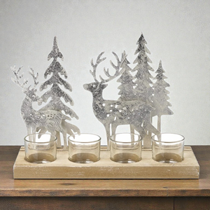 Silver Plated Aluminium Deer <b>Tea</b> <b>Light</b> <b>Holder</b> with Mango Wood Base | 4 <b>Glass</b> Candle <b>Holder</b> | Festive & Christmas Home Décor - Product Image 4