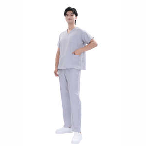 Ensemble de blouses médicales unisexe gris en polyester extensible 4 directions à manches courtes, modèle OEM, logo personnalisé, marque privée, taille 3XL, bas de tenue chirurgical - Product Image 5