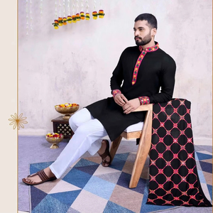 Festival Designer Wear Navratri Special Pure Cotton Heavy Bordado Kurta Con Totalmente Bordado Dupatta Kurta Set Para Hombres - Product Image 1