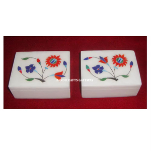 Boîte à bijoux rectangulaire en marbre blanc naturel pur, incrustée, faite à la main, motif floral, pour affaires et mariages - Product Image 1