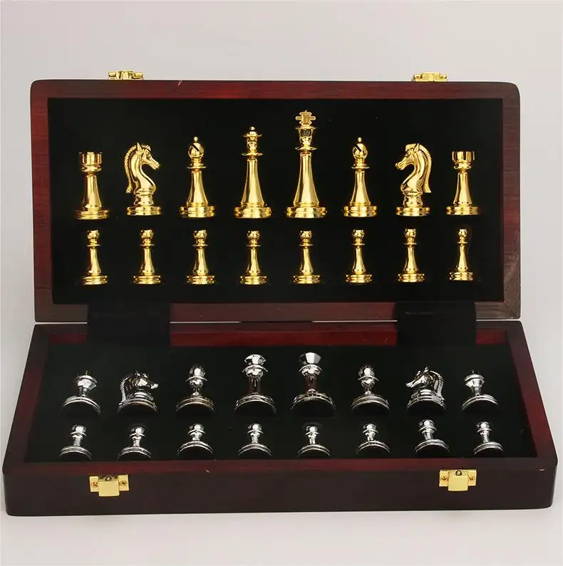 CHRT, recién llegado, juego completo de tablero de ajedrez, piezas de ajedrez de Metal dorado plateado, juego de ajedrez de bloqueo de latón de alta calidad, Ideal para viajes