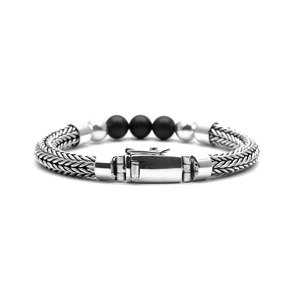 Handmade 925 <b>Silver</b> Unisex Stainless Steel Bangles Black Onyx Stone Beads Custom Logo <b>Engraving</b> Customizable Size - Product Image 2