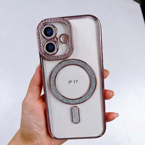 เคส iPhone 17 2025 พรีเมียม พร้อมวงแหวนแม่เหล็กแบบกลิตเตอร์ ขอบสีชมพู - Product Image 1