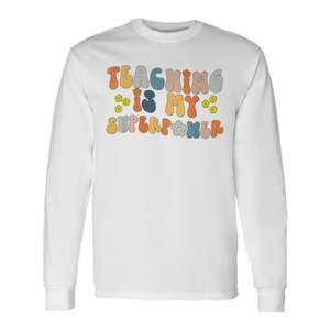T-shirt à manches longues vintage Groovy University Teacher, design promotionnel « Teaching Is My Superpower » - Product Image 1