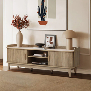 Factory Direct Mid-Century Modern Tambour Style 2 Door Wide <strong>TV</strong> Unit with <strong>Tray</strong> Top in Oak - Product Image 1