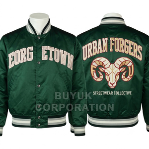 Custom <b>Canvas</b> Satin Varsity <b>Jacket</b> OEM Embroidered Waterproof Windproof Winter Front Stand Collar Single Breasted High Street - Product Image 1