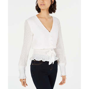 Camicetta da donna in chiffon bianco con colletto arricciato e laccetti frontali, fantasia a righe, stile grazioso, lunghezza corta, taglia XL/M per primavera autunno - Product Image 1