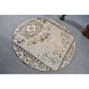 พรมตุรกีโบราณ4.9x4.9ft สีเบจสีน้ำตาลแบนทอลายขนสัตว์เย็บปะติดปะต่อกันสำหรับตกแต่งห้องนั่งเล่นหรือห้องโถง - Product Image 4