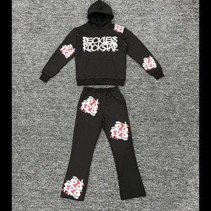 Ensemble de survêtement hiver Terry 100% Coton, couleur unie délavée au soleil, avec sweat à capuche et pantalon de survêtement évasé à imprimé numérique - Product Image 1