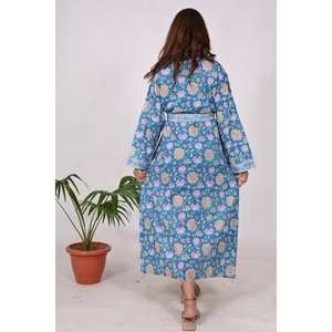 Kimono de algodón ligero Bata Bloque de mano Impreso Floral Albornoz de verano con cintura natural de longitud completa - Product Image 6