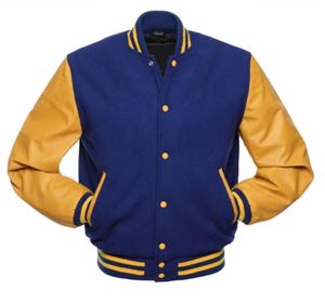 Chaqueta universitaria con mangas de cuero dorado/lana azul real Chaquetas de béisbol Letterman - Product Image 2